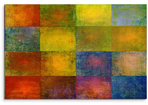 Paul Sinus Art 120x80cm Leinwandbild auf Keilrahmen Geometrie Quadrate gelb blau rot grün braun Wandbild auf Leinwand als Panorama
