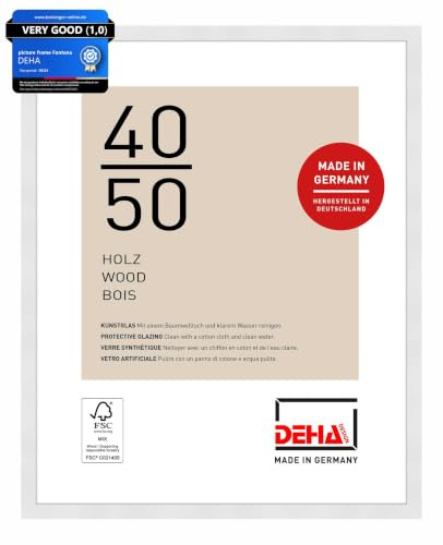 DEHA Design Holz Bilderrahmen Fontana, 40 x 50 cm, Weiß | Holz Posterrahmen im Hoch- & Querformat zum Aufhängen Weiß matt bruchsicheres Kunstglas