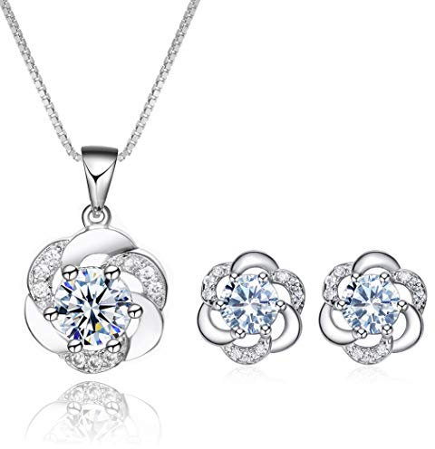 Josfeva Schmuckset Silber 925, Silber Schmuck Set für Damen, Blumen Halskette & Ohrstecker Set mit Weiß Zirkonia, Silber Halskette mit Blumen Anhänger & Ohrstecker mit Geschenkbox zum Geburtstag