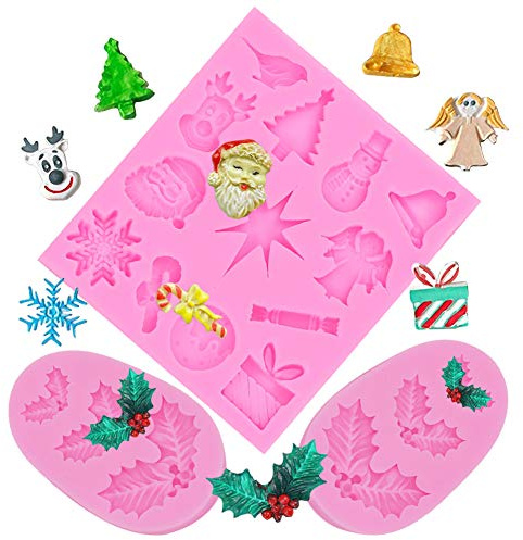SUNSK Silikon Fondant Kuchen Formen 3D Weihnachten Silikonformen Stechpalmen Blätter Weihnachtsbaum Formen Schokoladenformen DIY Kuchen Süßigkeiten Gelee Backformen Tortedeko 3 Stück