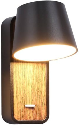 BarcelonaLED Applique murale LED de lecture noire avec interrupteur sur base en bois Spot orientable 6 W 2700 K pour lit tête de salon