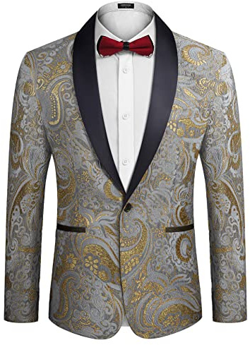 Coofandy - Giacca da Smoking Floreale da Uomo, Lussuosa, Ricamata, Abito da Sposo, Abito da Sera per Feste e cene, Grigio, M