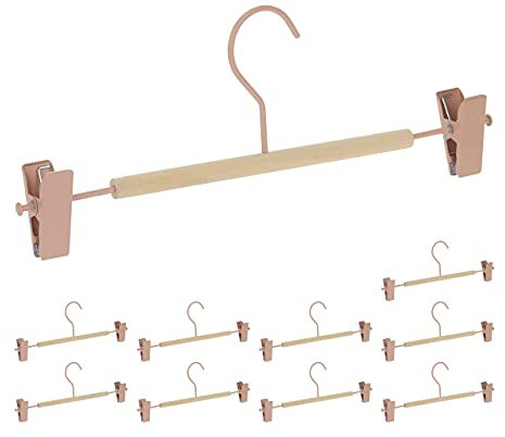 Relaxdays Set da 10 Pantaloni, Gonne etc, 2 Clip per Gruccia, Legno e Metallo, 11,5x30,5x3 cm, Rosa/Naturale, Ferro