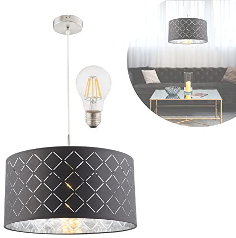 bmf-versand Hängelampe Schlafzimmer Stoff Grau - Hängeleuchte Wohnzimmer LED - Pendelleuchte Esstisch mit Leuchtmittel - Esszimmerlampe Hängend Textil Lampenschirm 40 cm Höhe 140 cm