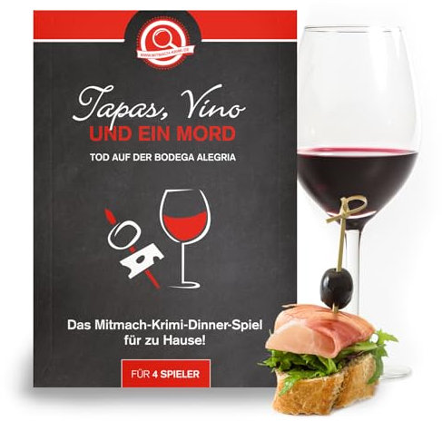 Krimi-Dinner Vino, Tapas und EIN Mord - Tod auf der Bodega Alegria – Krimidinner Spiel für zuhause für 4 Personen – Krimispiel für Erwachsene – Mallorca, mitmach Krimi