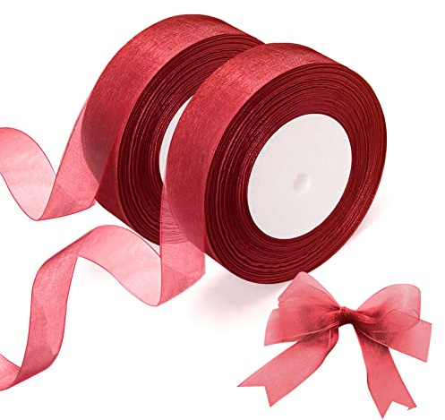 2 Rolls of Organza Ribbon, Clear Chiffon, 20mm x 45m Each, for DIY Crafts, Gift Wrapping, Birthday Party Decoration (Red)