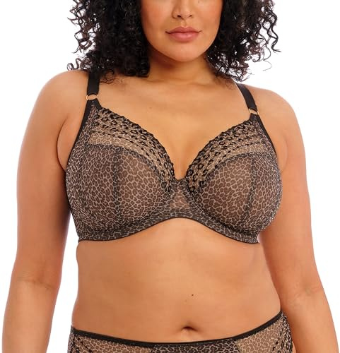 Elomi Women's Matilda Plunge Bra. Three-Piece Cups Sheer Mesh Cups Side Support Panels Moveable J-Hook for Racerback DD+ Bras, Leopard, 32H US