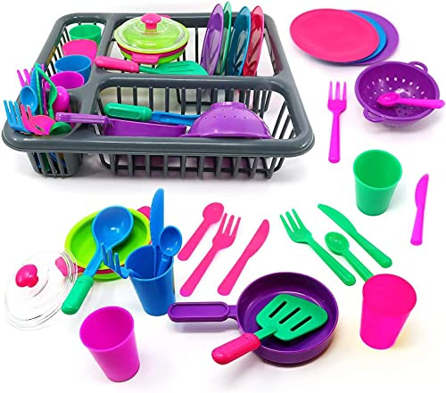 Kids Role Play Toy Set Kitchen Accessories Dish Washing Drainer 27 Pieces for Play Kitchen, Pots and Pans Plates Cutlery Playset