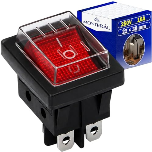 Interruptor Bipolar Rojo Luminoso y Cubierta Protectora 250V 16A 22 x 30 mm | Cuerpo Negro Garantía de 10 Años - MONTERAL
