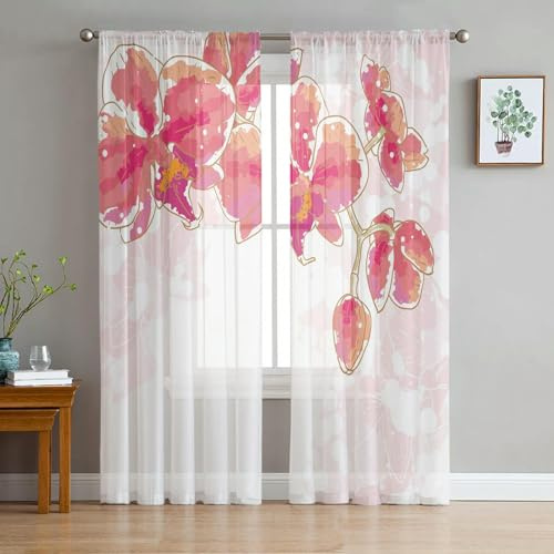 GOPEO Fiore Rosso Arte Acquerello Orchidea Ramo Tulle Tende trasparenti per soggiorno Camera da letto Cucina Decorazione Voile Tende in organza