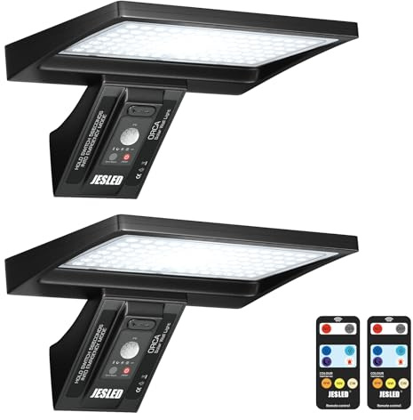 JESLED Solarlampen für Außen mit Bewegungsmelder, 5200 mAh Solarleuchten für Außen 104 LED Solar Lampe Outdoor Ideal für Terrasse, Veranda, Garage, Hof, Straßen, IP65 Wasserdicht, 2 Stück | Superhelle Solarleuchte Solar Lampe Outdoor Sicherheitswandleuchte 4 Modi IP65 Wasserdichte Wandleuchte Garten für Veranda