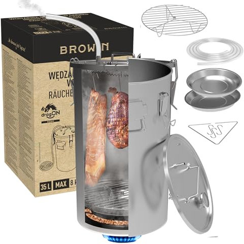 BROWIN® Räucherofen im Topf 330150 | 35 Liter | Räucherkammer für Gasherde 50 cm hoch | 8kg Heimräucherofen Set mit Thermometer