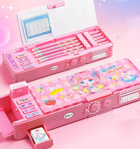 ASMANNA Pop up Multifunction Pencil Case for Kids, kawaii Pen Box Bag Pencil Holder for School Students,Cute Pencil box for Girls and Boys with Sharpener,Password Lock, Schedule, Whiteboard (Pink3)