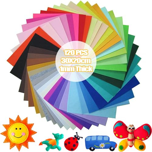 MUXHEL 120pcs Multicoloured Wool Synthetic Felt Fabric Sheets 30x20cm 1mm Thick for Crafts Sewing Patchwork Art & Crafts Making