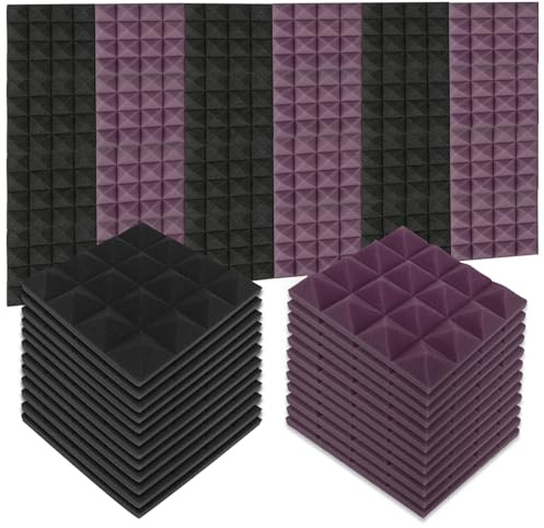 24 Stück Akustikschaumstoff,25x25x5cm Akustische Schaumstoffplatte Hochdichte Schallabsorber Wand für Tonstudio,Büro,Spielzimmer (12x Schwarz + 12x Lila)