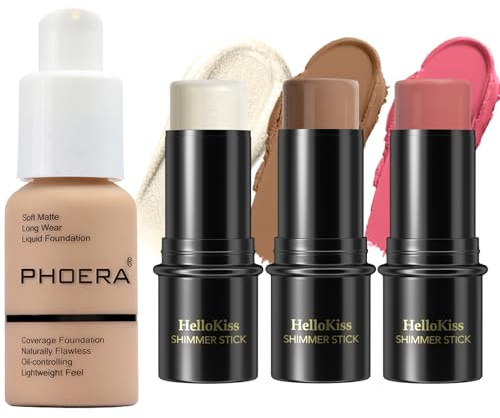PHOERA Foundation, 3Pack Contour Stick Makeup Set, Farbtöne mit Highlighter-Stick, Rouge-Stick und Bronzer Contour (104+Light-Medium Contour/Buff Beige+#02,#10,#12, 130.00 g (1er Pack))