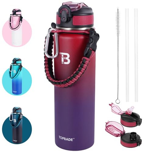 TOPBADE Bouteille isotherme en acier inoxydable double paroi avec 2 couvercles (avec paille et bec verseur), poignée en paracorde, large goulot, sans BPA et anti-transpiration, rouge/bleu