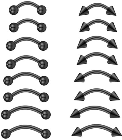 VIDSTW 16 Stück Piercing Set, Edelstahl Augenbrauen Piercing, Lippenpiercing Körper Piercing, Pircingssets Ohr Gebogenes Stabdesign, für Nase Ohren Lippen Augenbrauen (Noir)