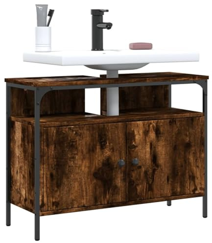 Sufrk Mobile Lavabo Bagno Rovere Fumo 80x30x60 cm Legno Multistrato,Mobile Sottolavabo per Bagno Mobiletto a Terra Sottolavandino Armadietto