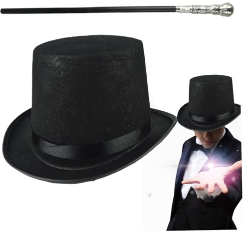 SMELEYOU Disfraz de sombrero de copa de 2 piezas/juego de sombrero de Halloween con bastón negro, accesorio de disfraz para disfraz de mago, cosplay, eventos steampunk, trajes de fiesta