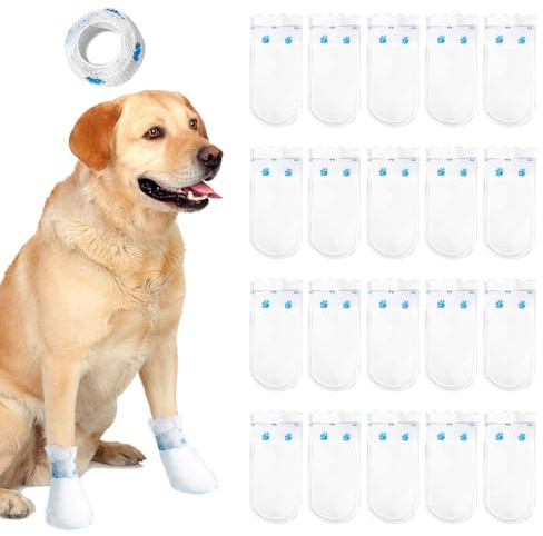FFWTPY 20 Stück Einwegschuhe für Hunde Einweg-Hundeschuhe Verletzte Pfoten Haustier Schuhüberzieher mit Selbstklebender Bandage Staubdichte Wasserdicht Drinnen und Draußen M