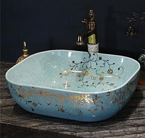 CCYENG Lavabo de baño, Lavabo de encimera, Lavabo Jingdezhen, Lavabo Redondo, Lavabo Ovalado para el hogar, Lavabo artístico de cerámica, lavabos de baño, Cuenco Rectangular, Solo Lavabo