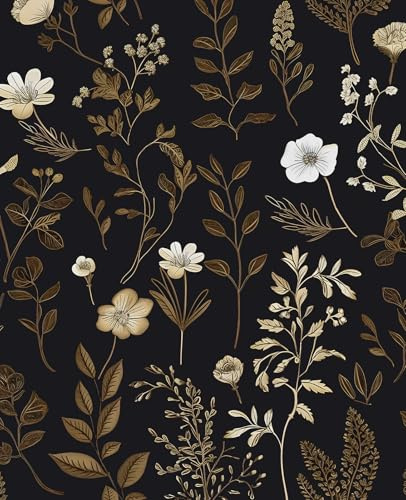 VOLEAAR Vintage Adhesive Shelf Liner Contact Paper, 17.5 x 78 Black Floral Theme Wallpaper Boho Design for DIY Craft, Vinyl Removable Wallpaper for Dresser Dollhouse Cabinet Drawer in Dark Brown