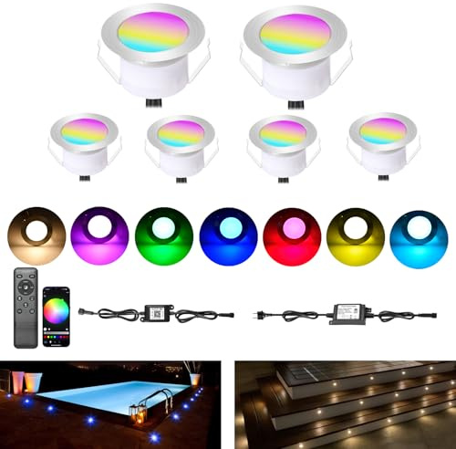 SUBOSI 6er Wifi RGBW Terassenbeleuchtungen Bodeneinbaustrahler aussen Arbeitet mit Alexa, DC12V Ø61mm 1.5W Große Größe Led bodenleuchten Einbaustrahler Boden Spots außenbereich