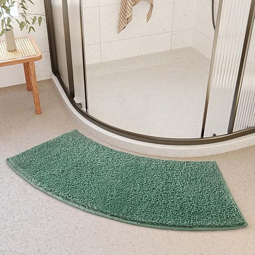 PRELGOSP Curved Bath Mat, Corner Shower Mats Microfiber and Soft, Absorbent Bathroom Anti Slip Mat,Green