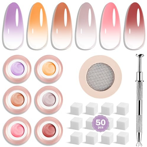 JODSONE Pat Ombre Gel, 6 Farben Pat Nagelgel-Kit mit Maniküre-Stift und 50 Nagelschwämmchen, Ombre Nagelgel für Nageldesign