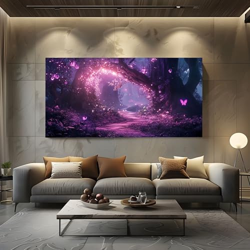 ZORYAN Wandbilder Dekoration Wohnzimmer Leinwand Bilder Zauberwald Lila | Leinwandbild Schlafzimmer Deko, Wandbilder, Groß Kunstdruck Art Wanddeko Bild Decor Canvas 70x140 cm