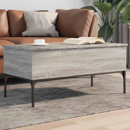 HaoChrymec Couchtisch Grau Sonoma mit Höhenverstellbarer Tischplatte, 2 Versteckte Fächer, Verstellbare Füße, Metallgestell, Modernes Design für Wohnzimmer, 100 x 50 x 45 cm