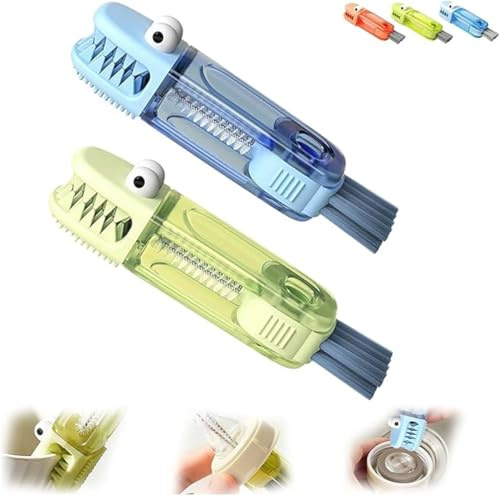 3 in 1 Crocodile Cup Lid Brush – Multifunctional Portable Silicone Cup Lid Cleaning Brushes, Home Kitchen Crevice Cleaning Tools for Cup Lids, Bottles, Gaps (Orange+Blue)