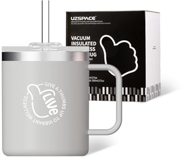 UZSPACE Thermal Mug with Handle 316 Stainless Steel, 500ml Flint Grey | Adult sippy cup for hot drinks, Reusable coffee cups, Insulated coffee mug for hot or cold drinks, Cups with lids and straws