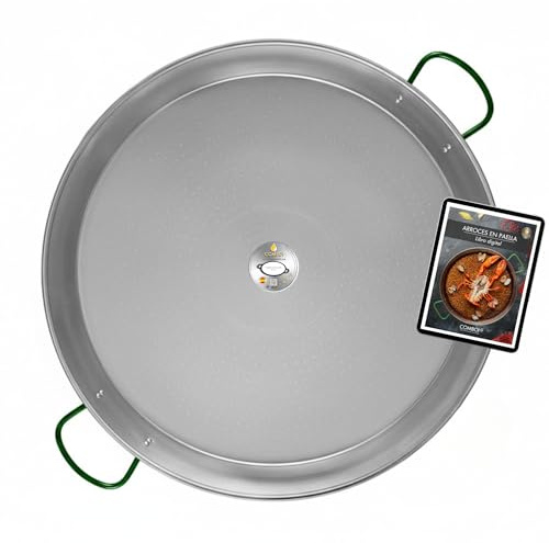 COMBOI - Poêle à paella en acier poli de 50 cm, poêle à paella valencienne jusqu'à 13 portions, convient pour gaz, bois de chauffage et poêle à paella, fabriquée en Espagne, avec livre de recettes