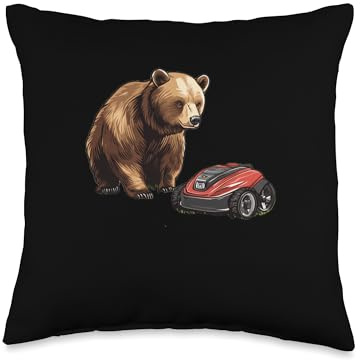 Bear Watching a Robotic Lawn Mower Throw Pillow