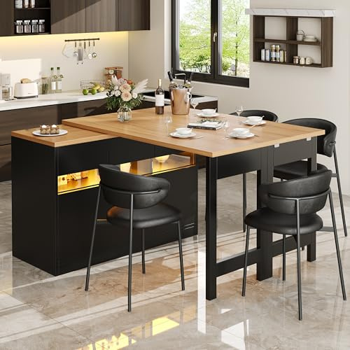 Sapgaks Table de Bar Extensible, îlot de Cuisine et Table à Manger Extensible, avec éclairage LED et Rotation à 360° ; Longueur réglable Entre 120 et 180 cm ; et Comprend Un Espace de Rangement.