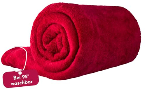 Clinotest XL Kuscheldecke flauschig 150x220cm - Kochfest ohne Einlaufen oder Fusseln - warme Wohndecke in Rot - auch als Sofadecke, Tagesdecke, Microthermaldecke, Fleecedecke nutzbar im Winter