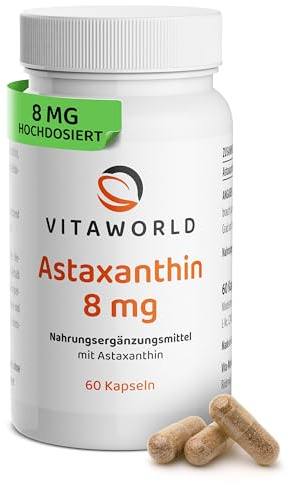 Astaxanthin Kapseln - Astaxanthin hochdosiert 8mg pro Tag (60 vegetarische Kapseln) - natürlicher Komplex aus Haematococcus pluvialis Alge - idealer Zellschutz - ohne Zusatz, glutenfrei - vitaworld