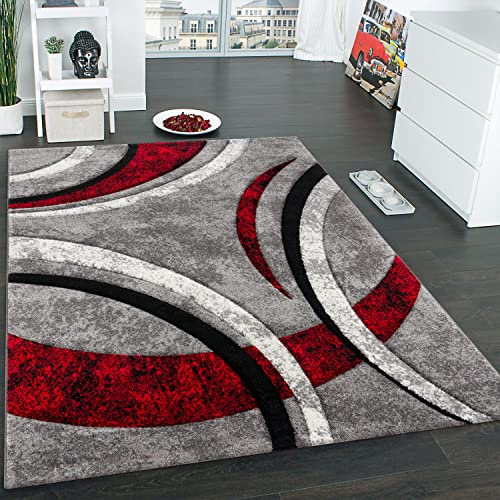 Paco Home Teppich Kurzflor Konturenschnitt Muster Gestreift Grau Schwarz Rot Meliert, Grösse:80x150 cm