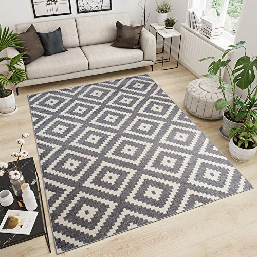 TAPISO MAROKO Teppich Kurzflor Modern Designer Geometrisch Diamant Karo Viereck Muster Grau Creme Schlafzimmer Wohnzimmer ÖKOTEX 300 x 400 cm
