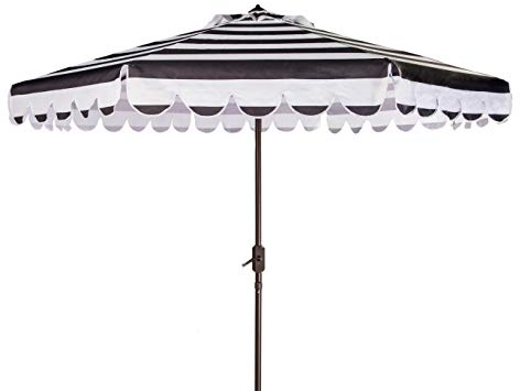SAFAVIEH 9ft Outdoor Patio Umbrella, Round, Maui Collection, Black & White Stripe, Crank, Button Tilt, UV Resistant for Deck, Backyard, Patio (PAT8011D)