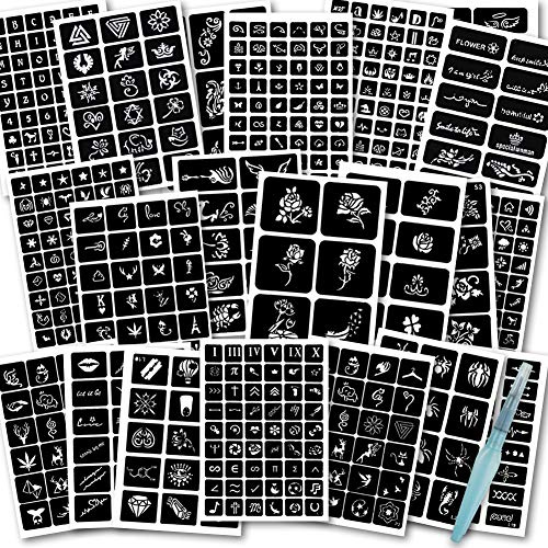 Koogel 524PCS Henna Tattoo Stencil Kit with Pen, Reusable Body Art Templates for Festivals, Parties & Weddings, Perfect DIY Craft Gift for Women, Girls, Kids