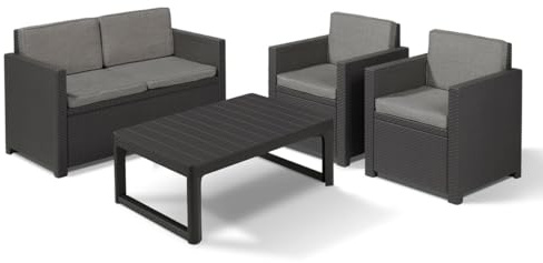 Allibert Victoria Loungeset mit Tisch Lyon | 4-teiliges Gartenmöbel Set | Rattan-Optik inkl. Auflagen | Wetterfest & UV-beständig