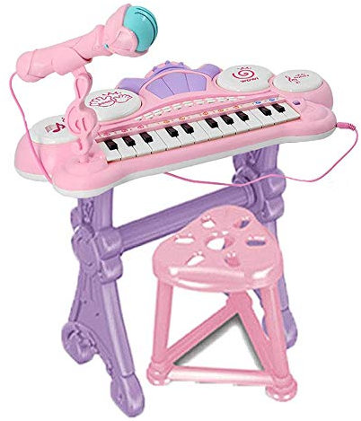 BAKAJI Pianola Tastiera Giocattolo Bambini 24 Tasti Luminosi con Attacco AUX MP3 per Smartphone Luci 4 ritmi 8 Effetti Suono Tamburi Manuali Microfono Supporto e Sgabello (Rosa)