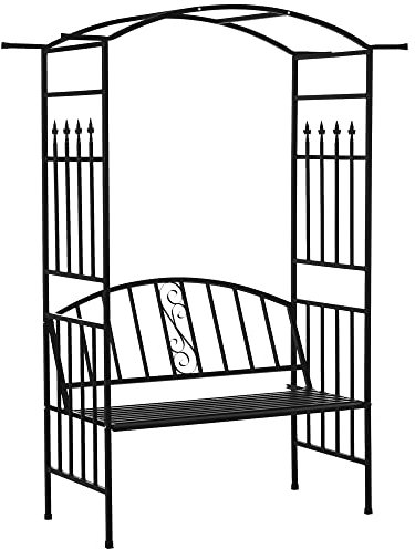 Outsunny Garden Metal Arch Arbour with Bench Love Seat Chair Outdoor Patio Rose Trellis Pergola Climbing Plant Archway Tubular- 154L x 60W x 205Hcm
