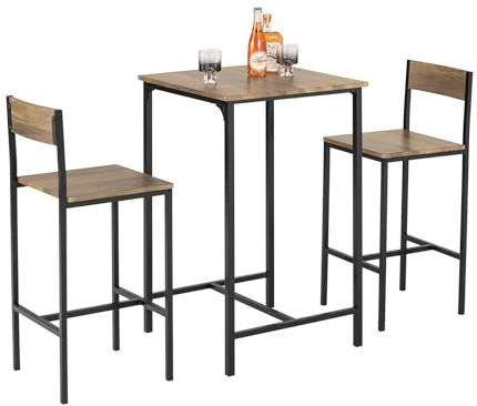 SoBuy Bartisch Esstisch mit 2 Stühlen, Essgruppe, Küchentisch Set, Stehtisch klein, platzsparend, modern, aus MDF & Metall, Natur, 60x97x60 cm, bis 50 kg/120 kg belastbar, OGT27-N