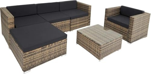 tectake® Set Rattan Milano, Arredo Giardino Elegante con Poltrone, Panche, Tavolo Vetro - Resistente UV, Struttura Acciaio, Imbottitura Morbida, Versatile - Naturale