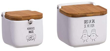 TIENDA EURASIA® Pack de Salero y Azucarero de Cerámica con Tapa - Diseño Sal de mi Vida y Momentos Dulces