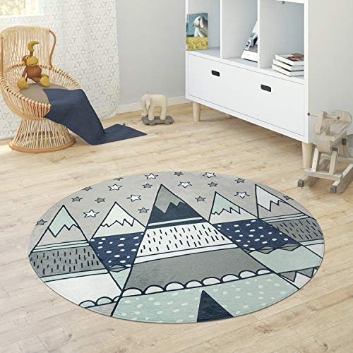 Paco Home Kinderteppich Teppich Rund Kinderzimmer Spielmatte Babymatte rutschfest Stern Mond Elefant Regenbogen, Grösse:Ø 80 cm Rund, Farbe:Grau 1
